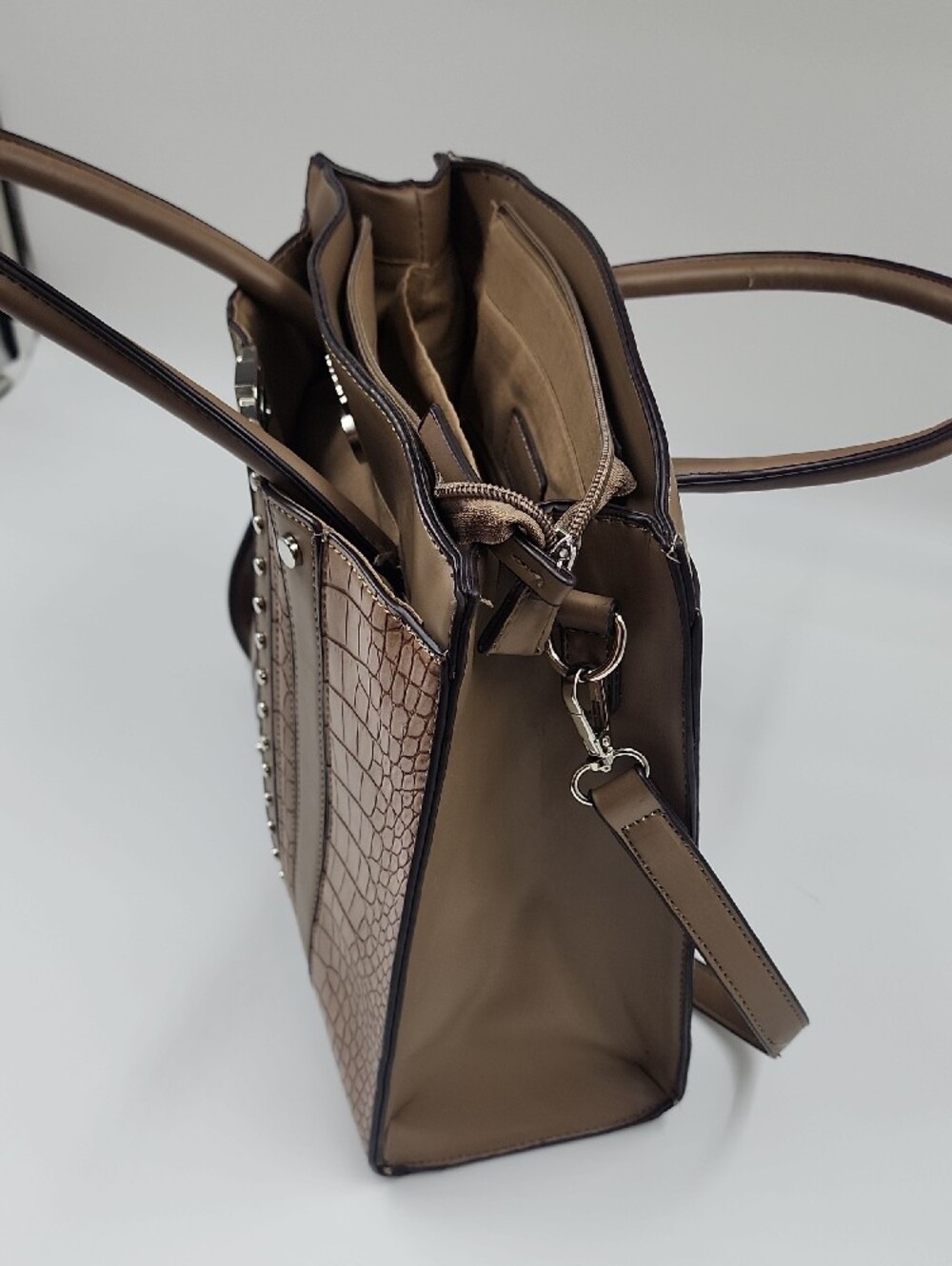 Adrienne Vittadini Taupe Croc-Embossed Satchel with Stud Accents - Picture 7 of 10